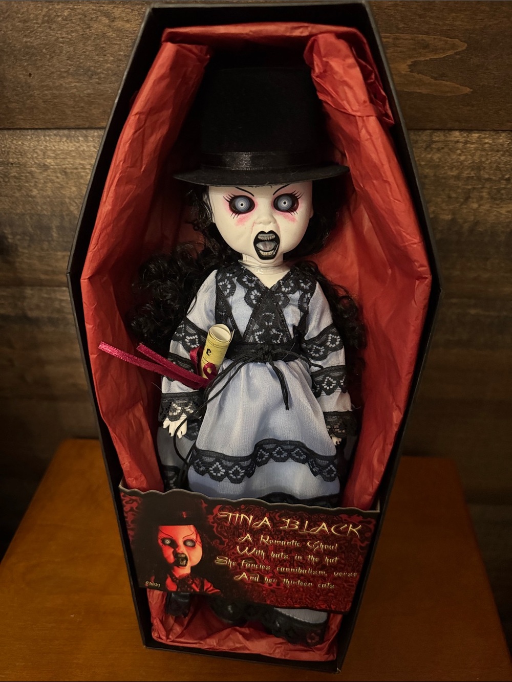 Tina Black Living Dead Doll in Blue & Black Dress with Top Hat